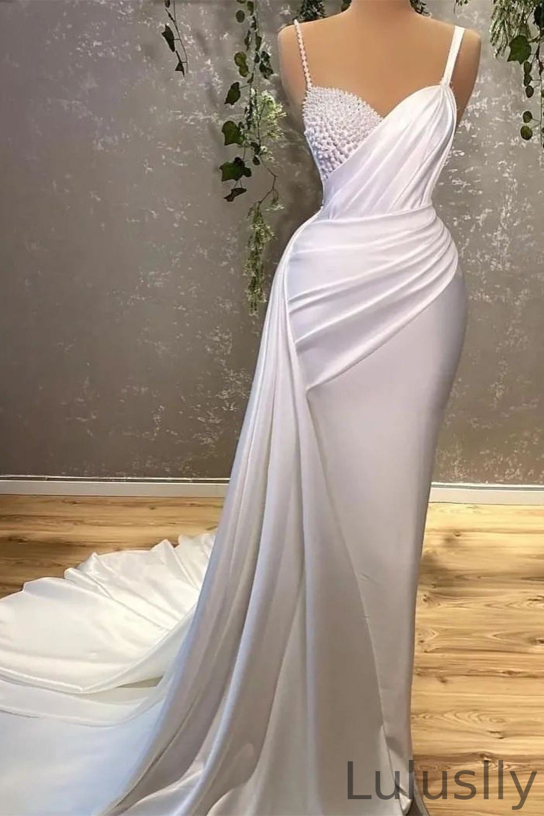 Luluslly White Spaghetti-Straps Pearl Mermaid Evening Dress With Ruffles