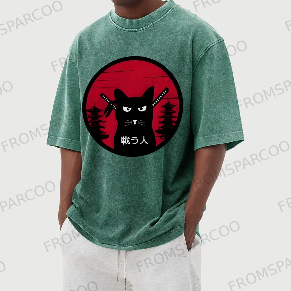 Ninja Cat Printed Washed Vintage Short Sleeves T-Shirt