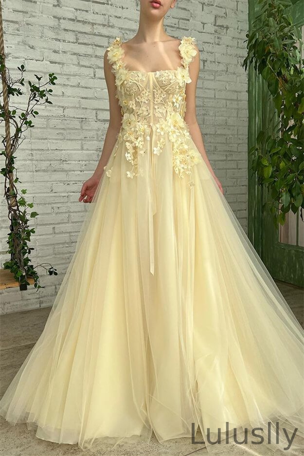 Luluslly Daffodil Straps Long Evening Dress Tulle With Flower Appliques