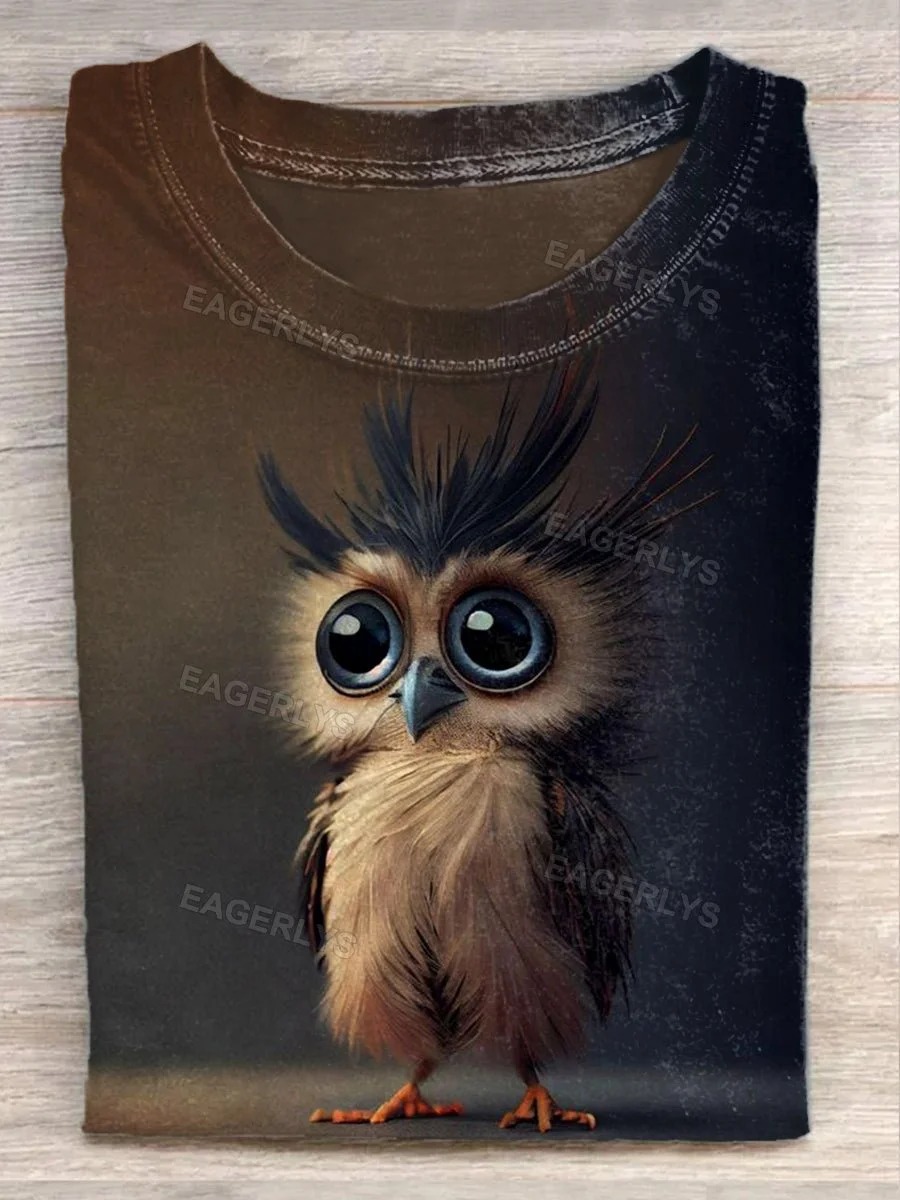 Eagerlys Unisex Cute Owl Illustration Printed Casual Round Neck T-Shirt Eagerlys