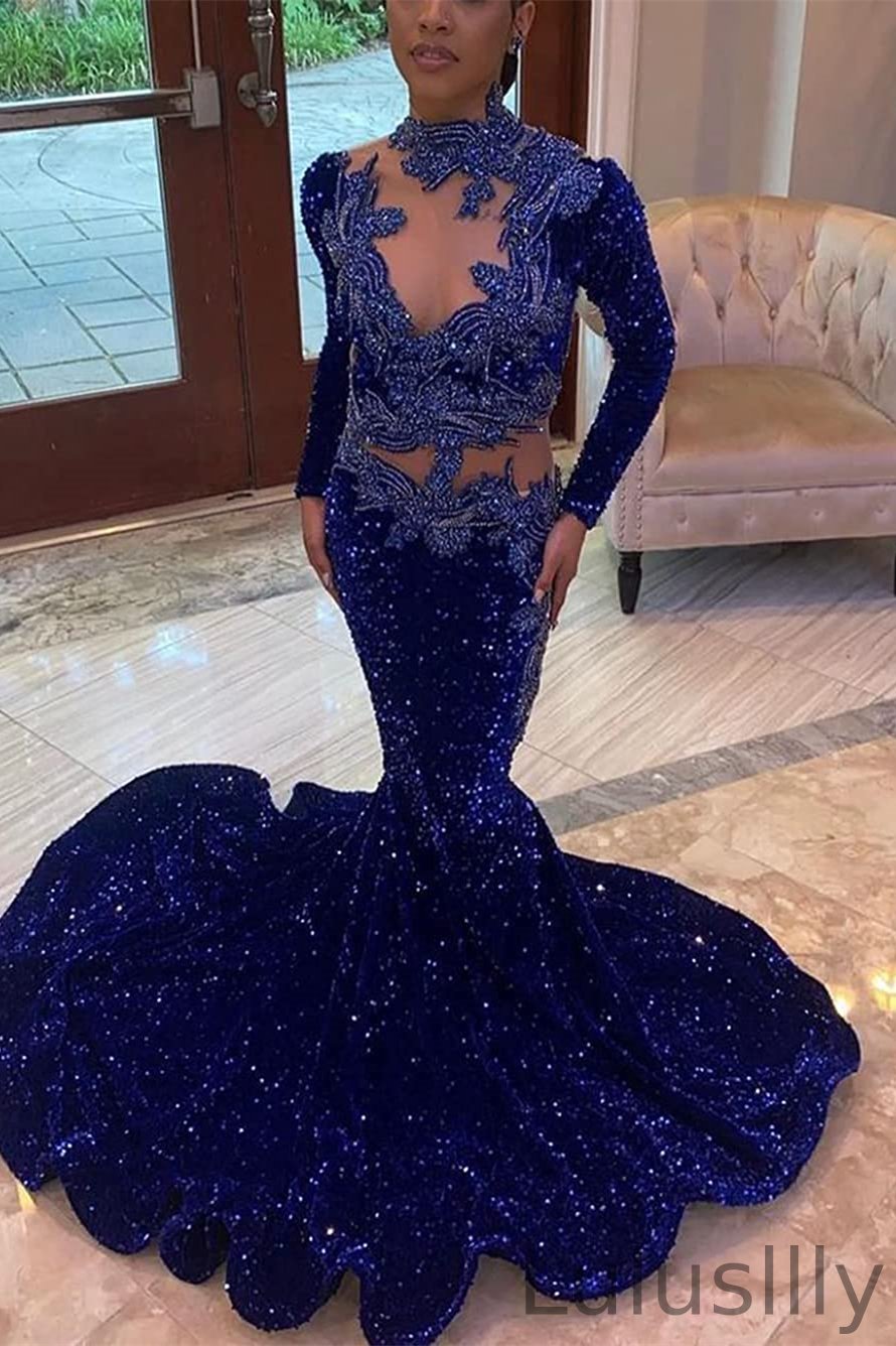 Modern Dark Blue High Neck Mermaid Prom Dress With Sequins Beadings Long Sleeves - lulusllly