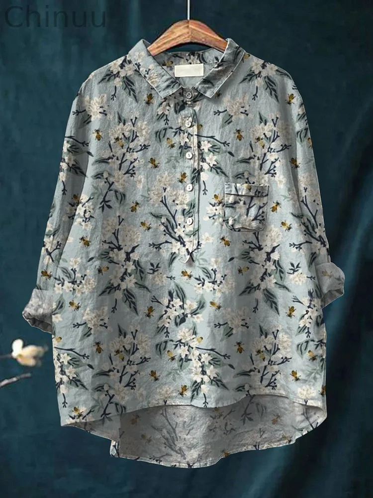 Women's Floral Art Print Casual Cotton And Linen Shirt
