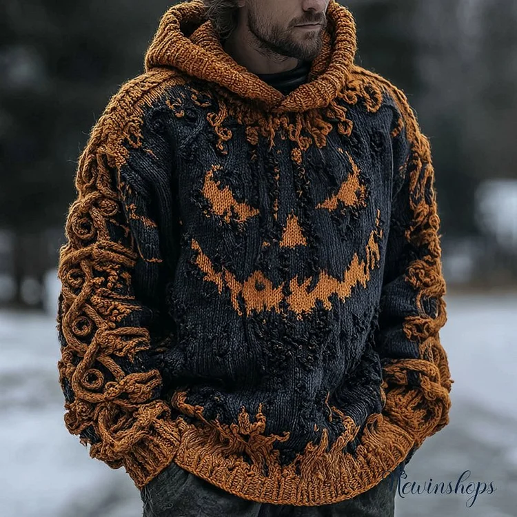 Men's Halloween Pumpkin Face Contrast Knit Hooded Sweater