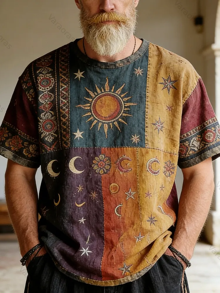 Men's Colorblock Star Sun And Moon Hippie Art Print Casual T-Shirt f4e4