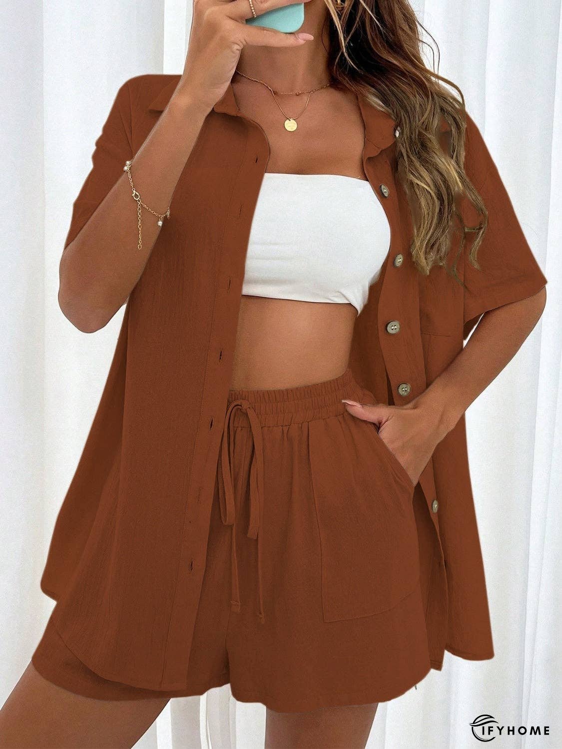 Button Up Half Sleeve Top and Shorts Set | IFYHOME