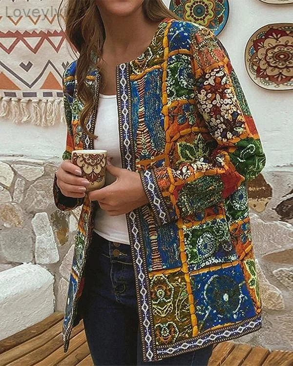 Cotton Ethnic Print Patchwork Ribbon Plus Size Jackets
