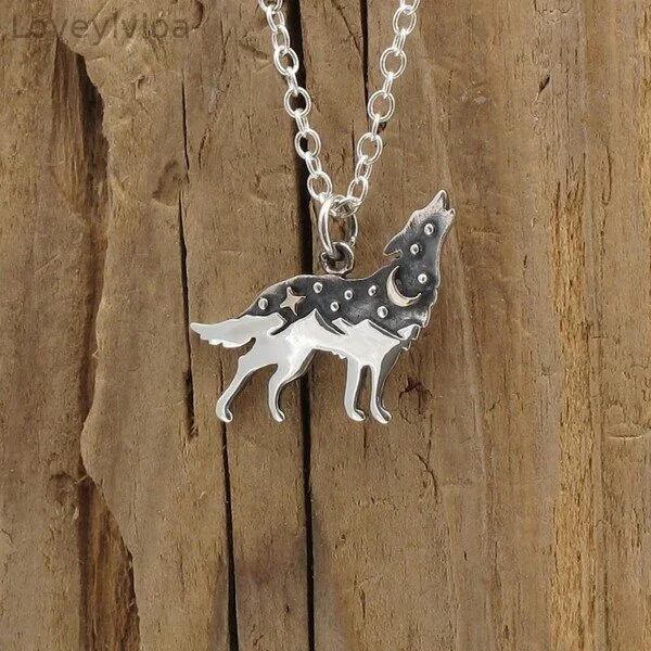 925 Sterling Silver Howling Wolf Moon Star Pendant Necklace