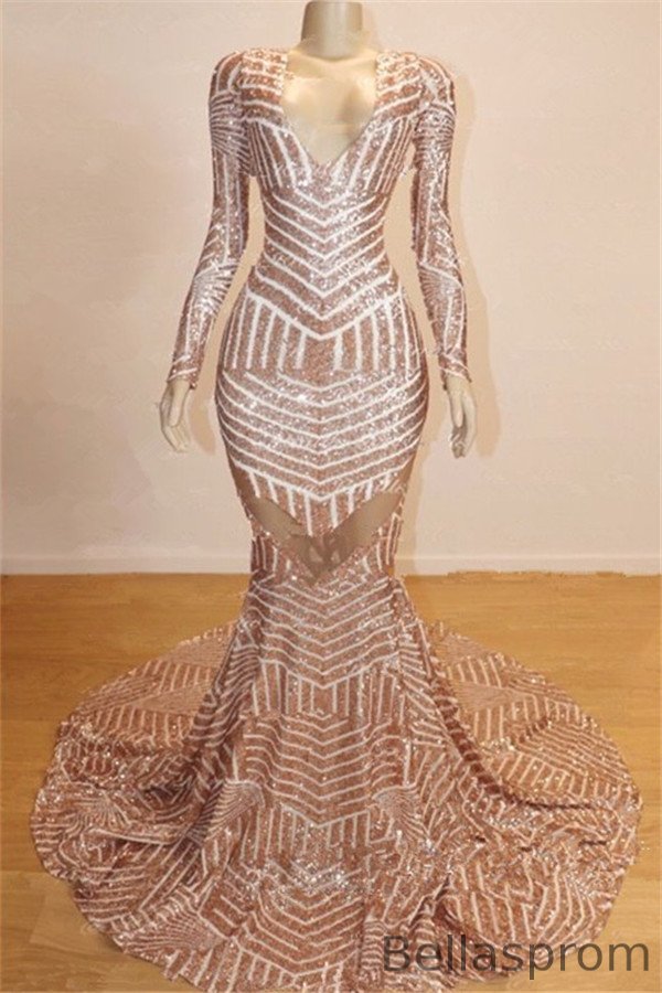 Bellasprom V-Neck Sequins Prom Dress Mermaid Long Long Sleeves Bellasprom