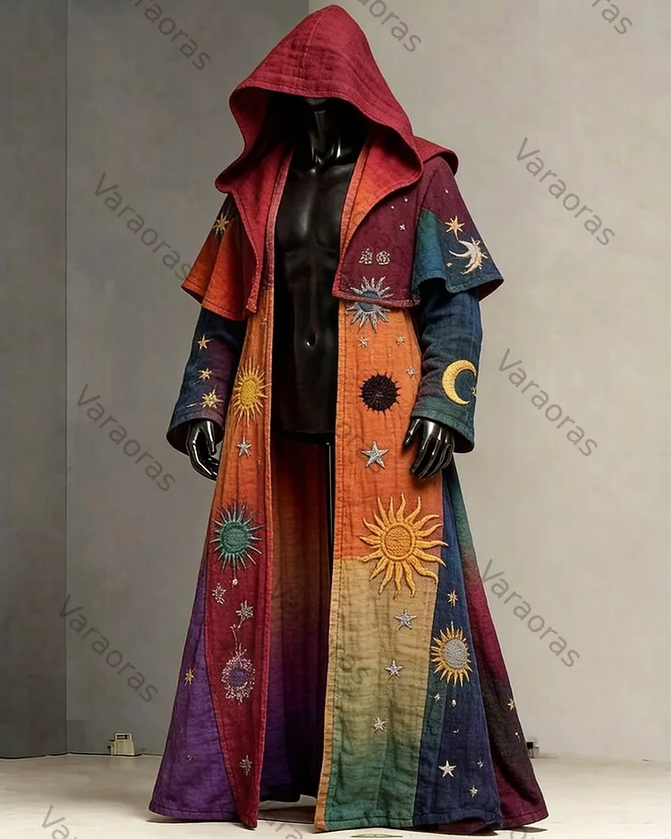 Men's Fashion Star and Moon Embroidered Rainbow Color Block Linen Hooded Cape 2032