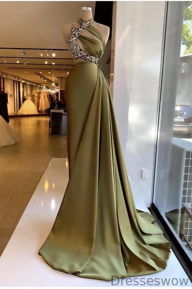 Dresseswow Army Green Halter Mermaid Prom Gown With Beadings Ruffles Sleeveless