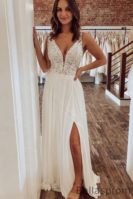 Bellasprom V-Neck Sleeveless A-Line Wedding Dress Chiffon With Lace Bellasprom