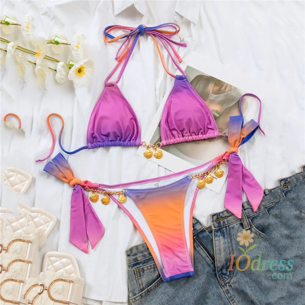 IO Dress Gradient Purple Halter String Triangle Bikinis Sets 2025 Sexy Swimsuits Women Metal Shell Chain Swimwear Knotted Bather Bikini