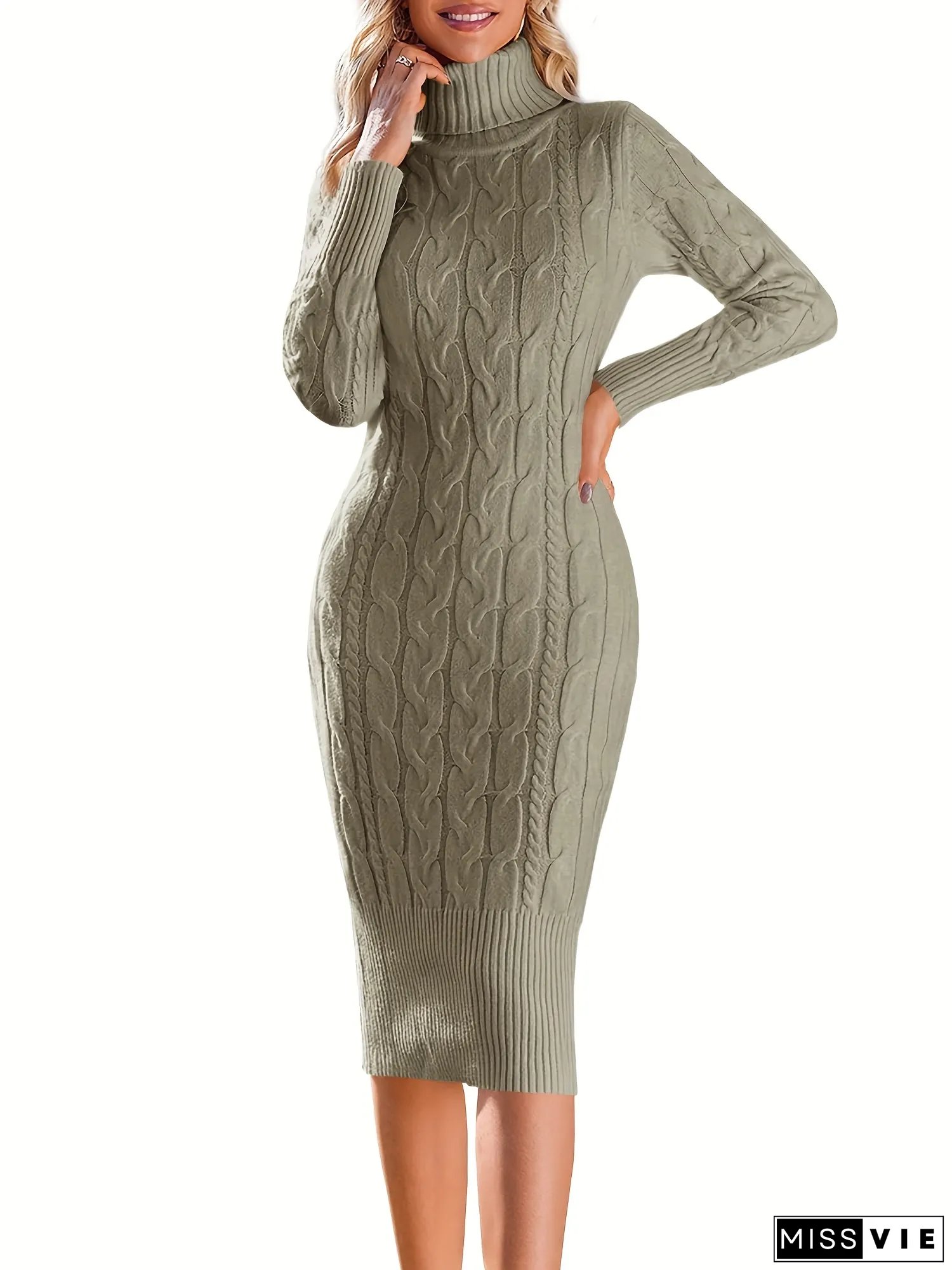 on Women's Bodycon Midi Turtleneck Sweater Dresses with Long Sleeves.