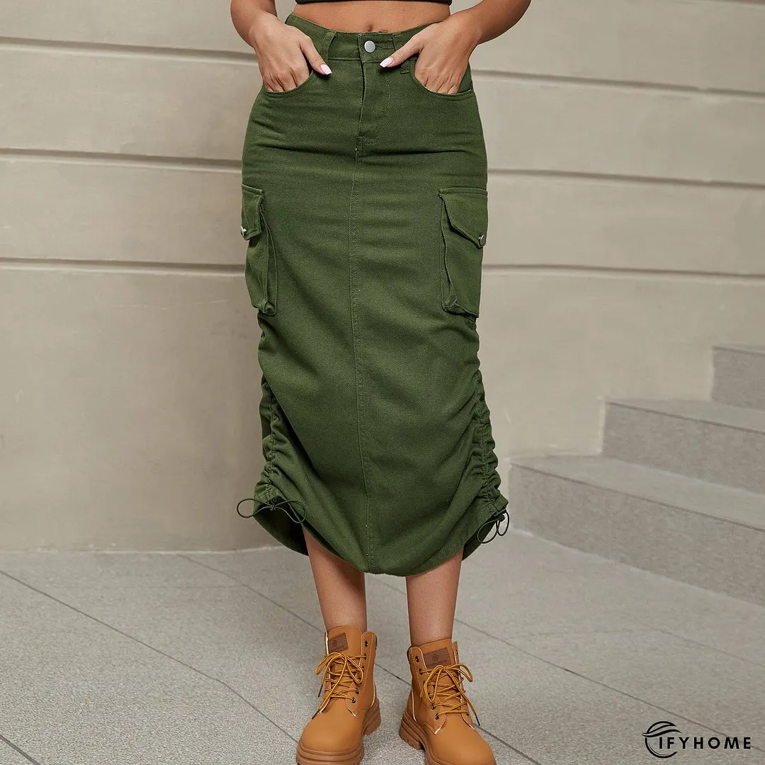 Drawstring Ruched Slit Denim Midi Skirt | IFYHOME