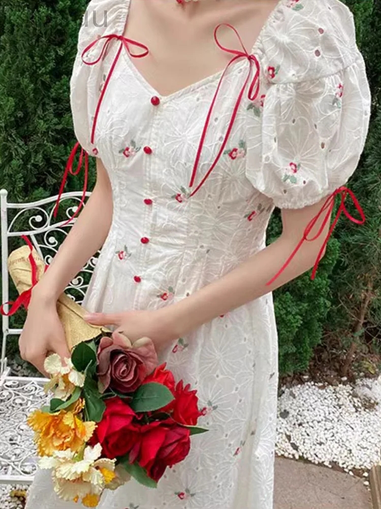 Square Neck Puff Sleeve Retro Dress