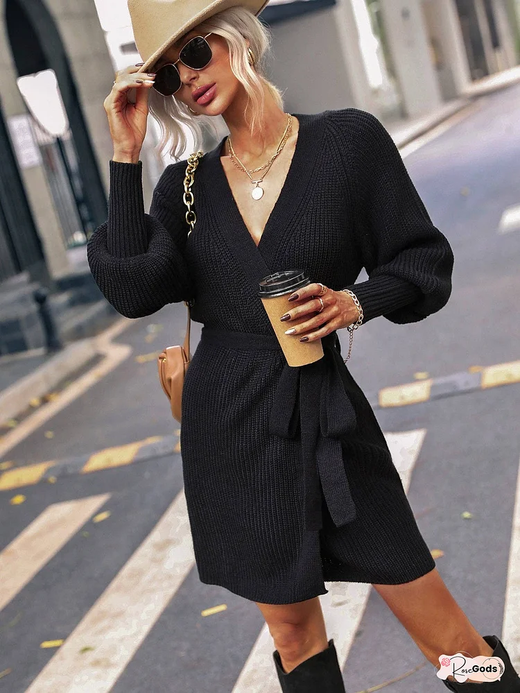 Belted Surplice Lantern Sleeve Wrap Sweater Dress