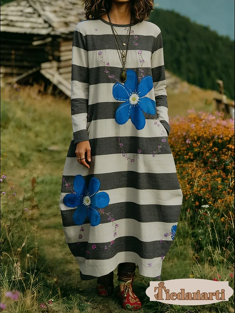 Women's Floral Print Crew Neck Long Sleeve Cotton Pocket Dress