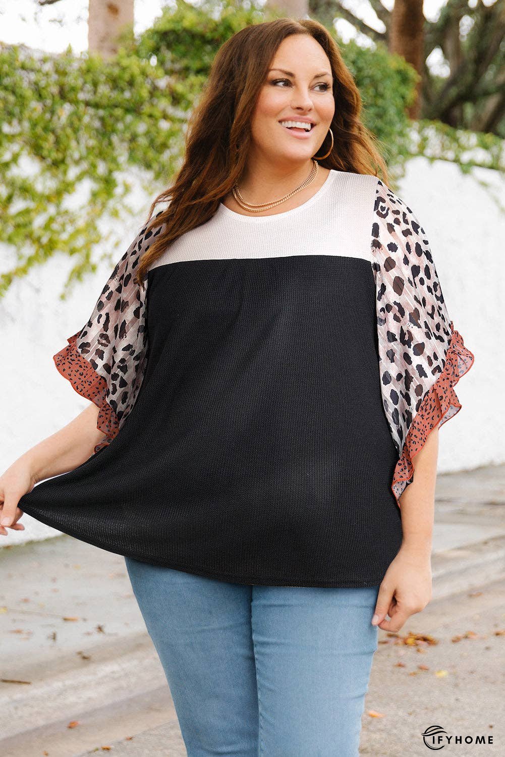 Plus Size Printed Color Block Ruffled Blouse | IFYHOME