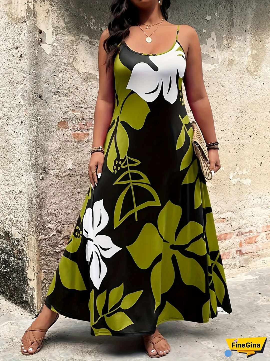 [Elegant Maxi Dress] Elegant Plus Size Women's Floral Print Maxi Dress | Green & White Floral Pattern, Flared Skirt, Machine Washable, Offshoulder, Comfortable Fabric, Flowy Textile Construction, Casual Summer Wear, Allseason Clothing