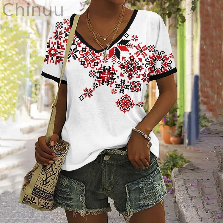 Ukrainian Folk Ethnic Pattern Print Vintage Casual Cotton T-Shirt