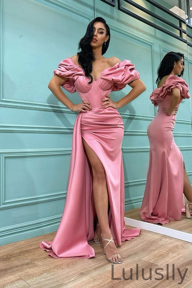 Luluslly Pink Off-the-Shoulder Split Prom Dress Long Mermaid