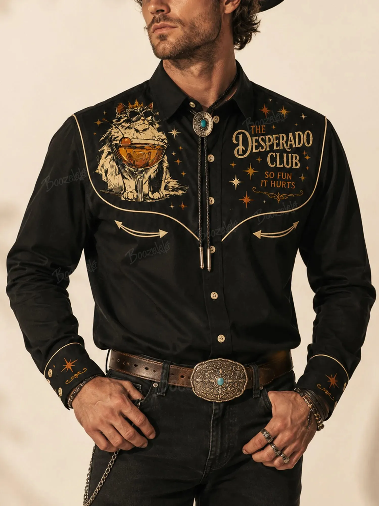 Spring/Autumn 2026, Midnight Black, Creative Urban Cat Graphic, Soft Cotton, Retro Western Long Sleeve Shirt-100% Cotton