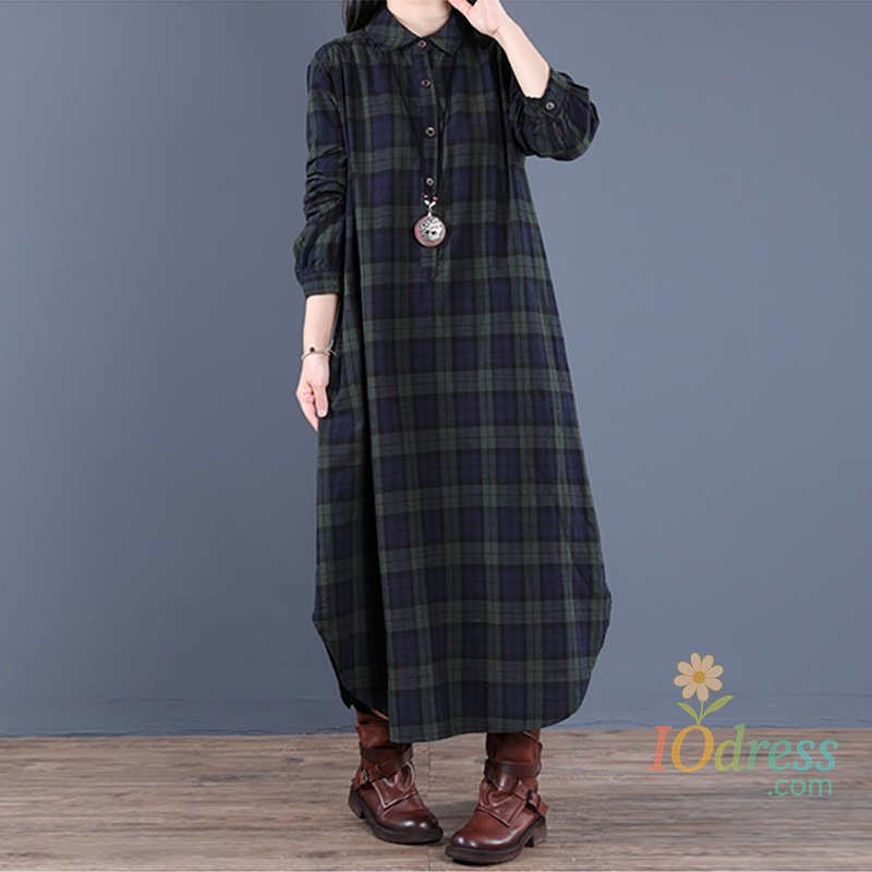 IO Dress Spring And Autumn New Women's Fashion Loose Splicing Plaid Collar Button Long Sleeve Dress Medium Length Shirt Maxi Dresses 2026