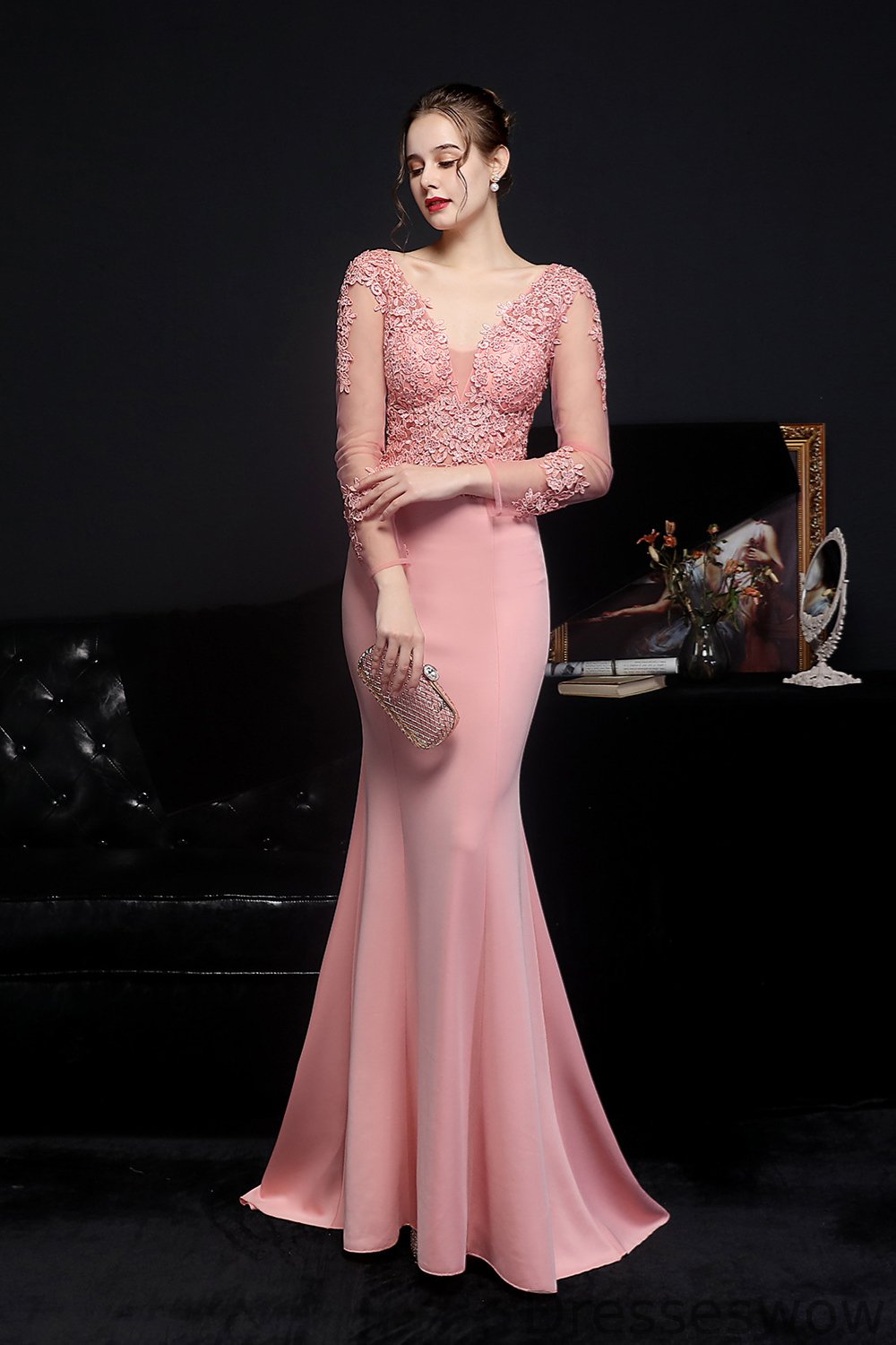 Dresseswow Long Sleeves Mermaid Evening Dress V-Neck With Lace Appliques YE0036