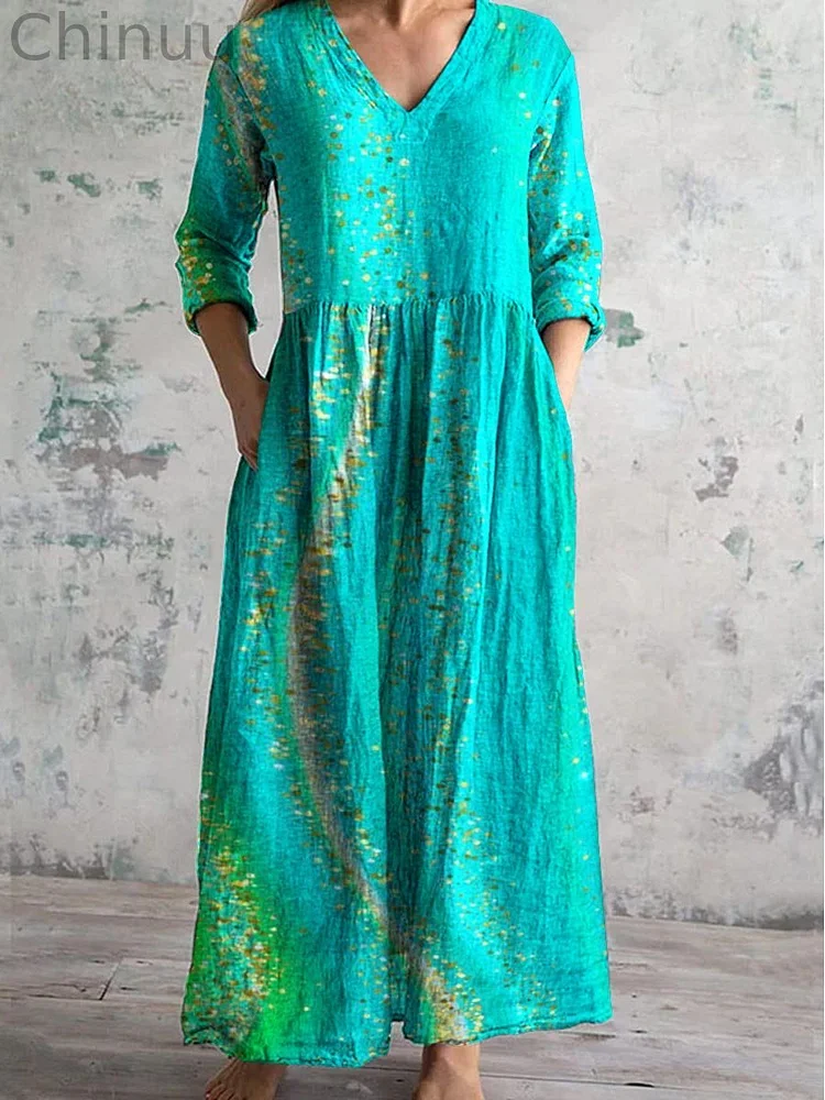 Women's Fluid Art V-Neck Cotton and Linen Dress with Pockets