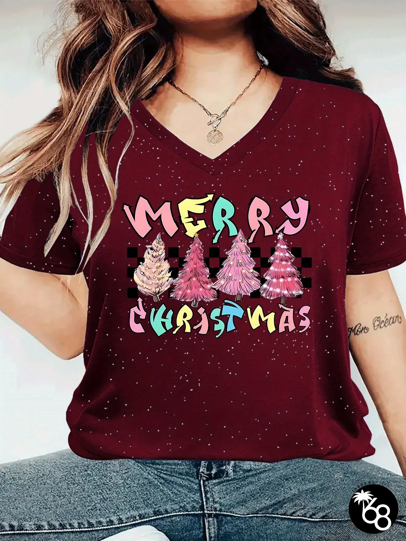 Womens Merry Christmas V-Neck T-Shirt with Sparkling Rhinestone Sequin Design Short Sleeve | 168DEAL