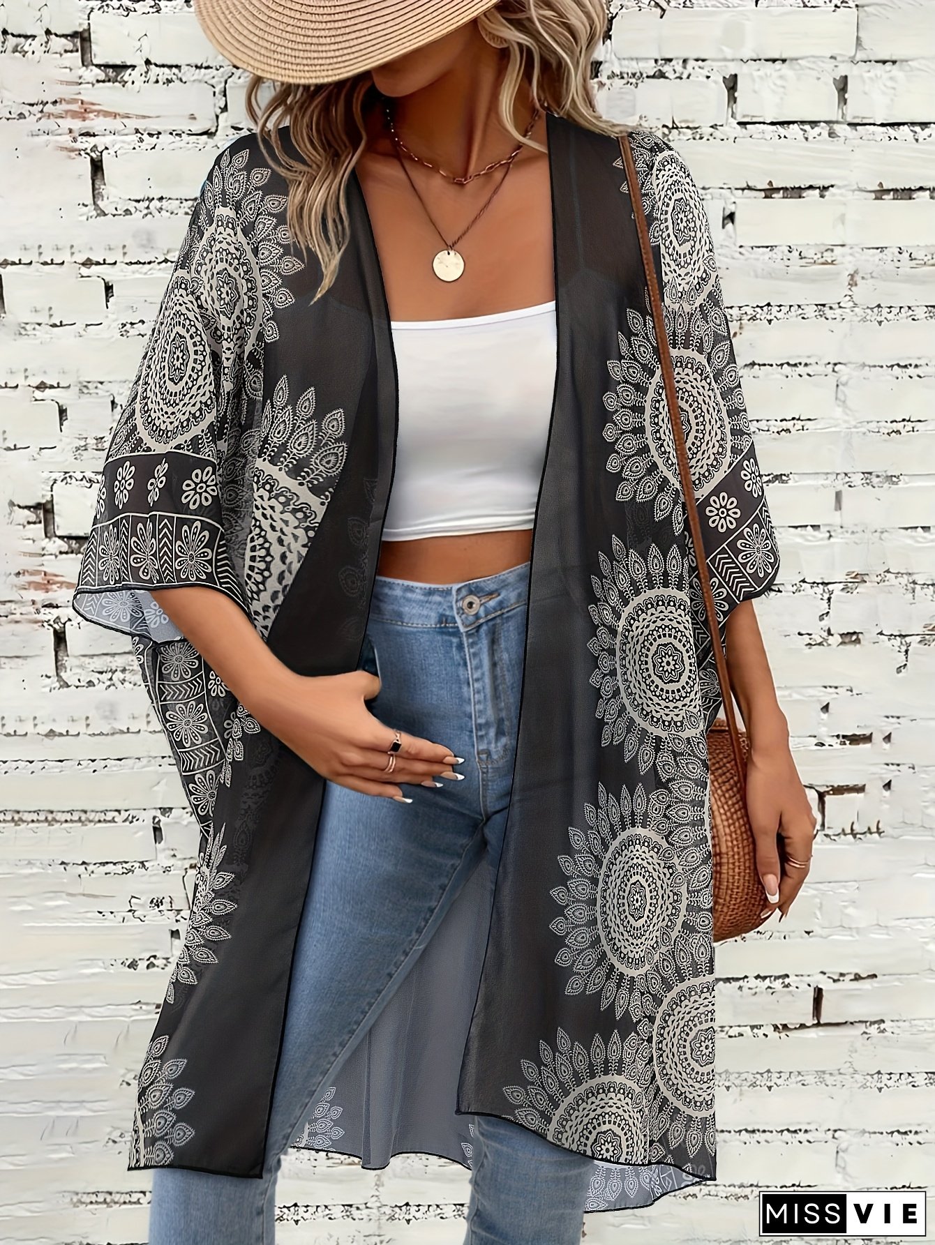 Tralook Women's Paisley Pattern Beach Tunic - Sheer Long Length Rash Guard Shirt With Slit Hem, Non-Stretch Polyester, Vacation Style, Collarless, Woven, For Spring/Summer/Fall