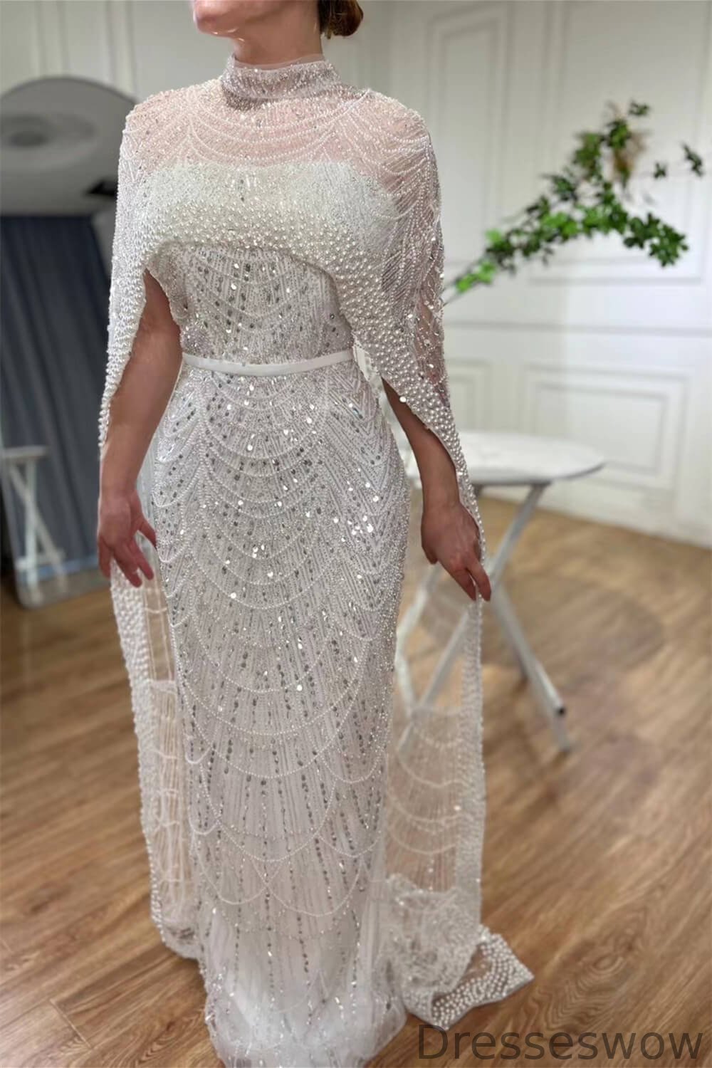 Dresseswow High Neck Mermaid Pearls Evening Party Dresses With Cape Long Sequins Beads