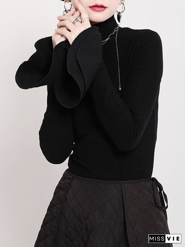 Special Solid Color Stretch Turtleneck Cotton T-Shirt