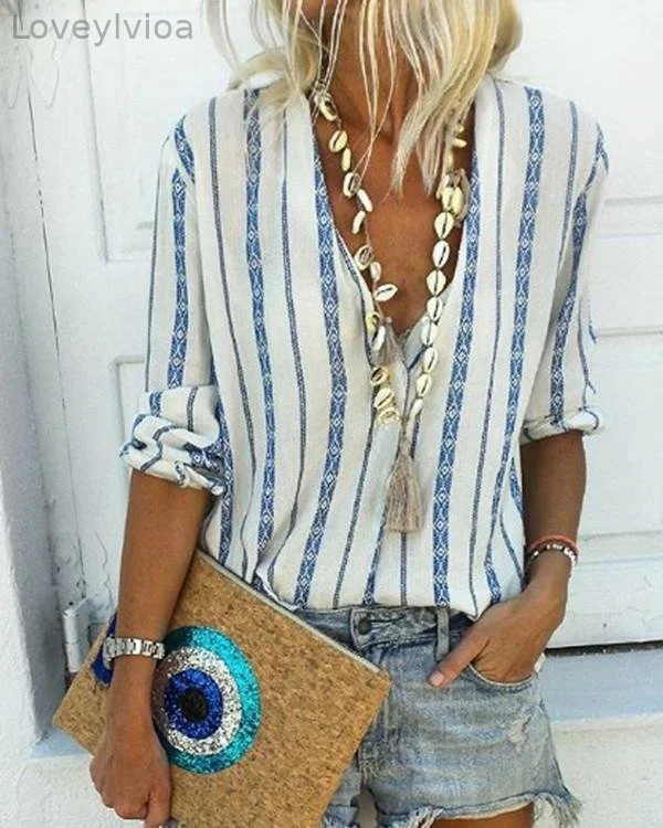 Bohemian Printed Stripe V-Neck Blouse