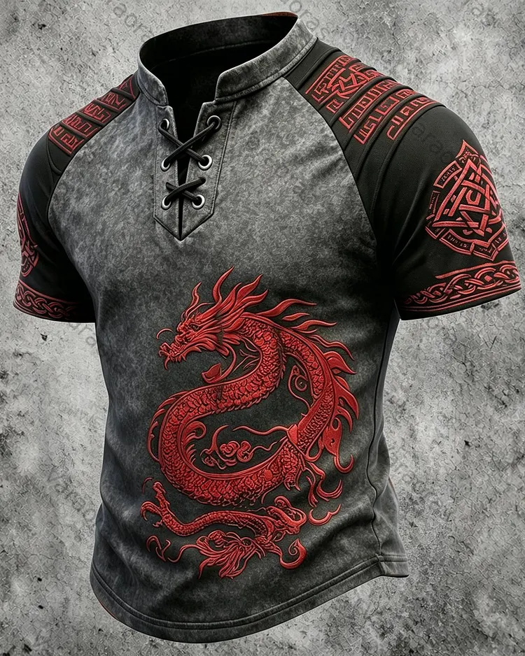 Men's Viking Red Dragon Print Short-Sleeve Henley T-Shirt 2114