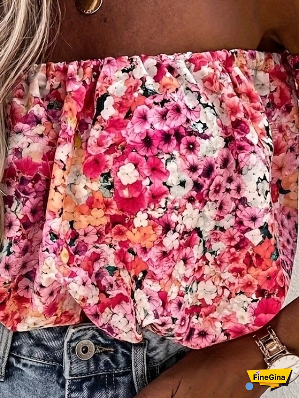 Women's Elegant Off-The-Shoulder Floral Print Long Sleeve Top - Sexy Backless Design, Lightweight Summer Blouse, Machine Washable For Casual & Formal Outfits, Beachwear Essential, Flowy Fabric Attire