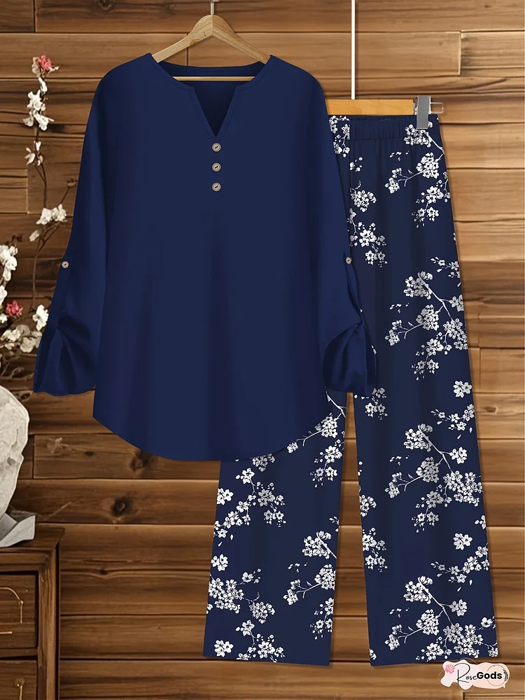 Women&lsquo;s Casual Suit - Solid Color V-Neck Top with Faux Buttons & Loose Pants with Floral Print, Lightweight Polyester Blend for Spring/Summer, Relaxed Fit Attire | Vneck Top | Polyester Blend