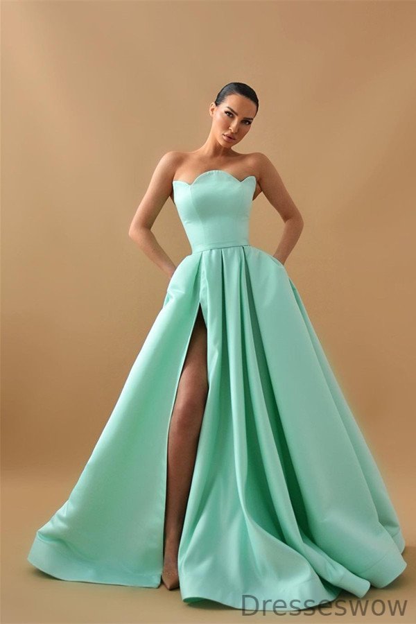 Dresseswow Strapless Mint Green Prom Dress Split Long With Pocket