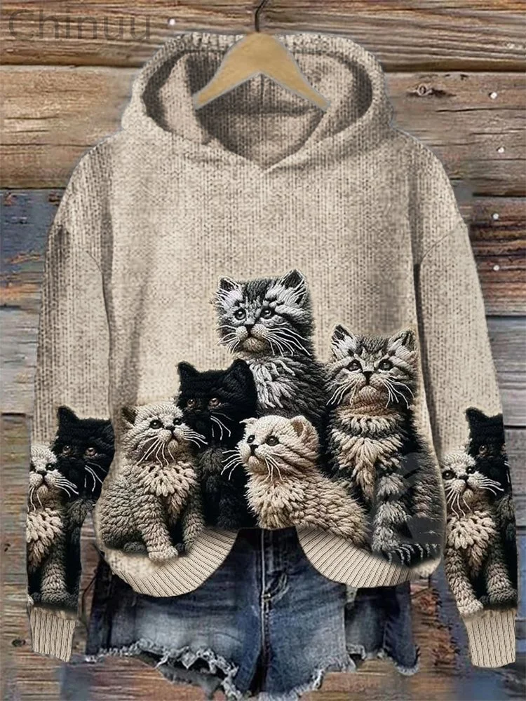 Fuzzy Cats Crochet Art Cozy Knit Hooded Sweater