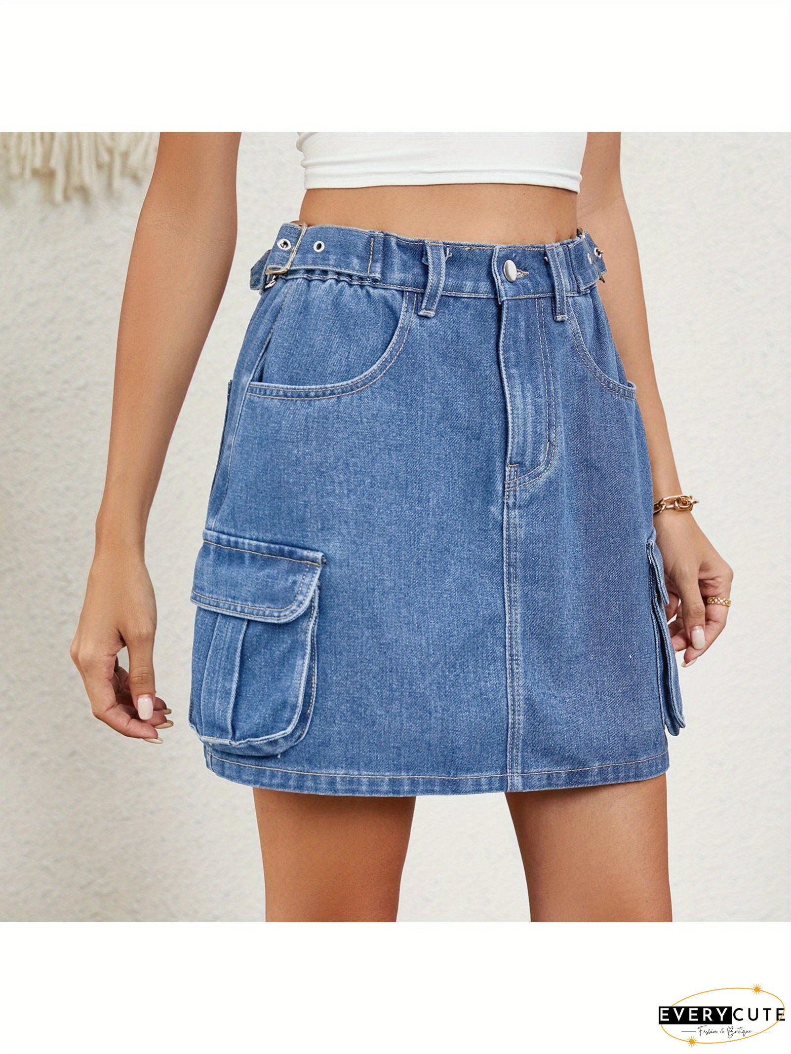 Women‘s Non-Stretch Denim Skirt - Adjustable High Waist (Midi/Knee-Length), Frayed Hem, Button Closure - Vintage Streetwear Skirt for Everyday, Beach, Office - Casual Outfits with Belt Option - Non-Stretchy Denim Fabric, Denim Skirts, Summer Fashion