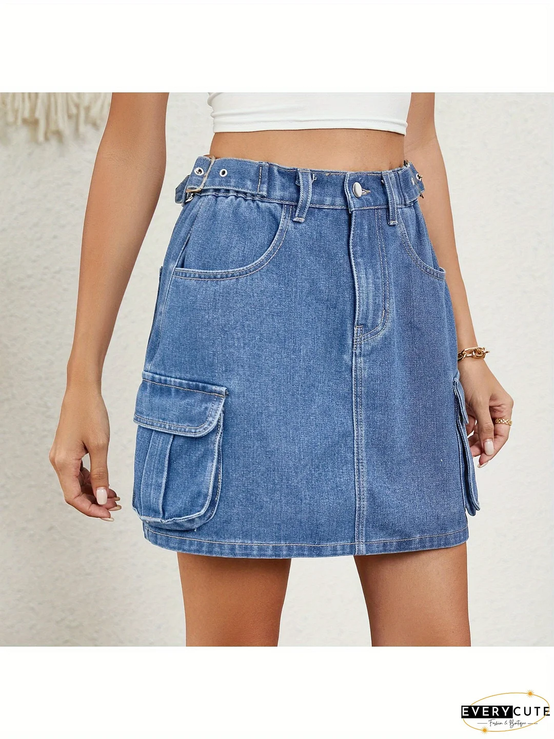 Women‘s Non-Stretch Denim Skirt - Adjustable High Waist (Midi/Knee-Length), Frayed Hem, Button Closure - Vintage Streetwear Skirt for Everyday, Beach, Office - Casual Outfits with Belt Option - Non-Stretchy Denim Fabric, Denim Skirts, Summer Fashion