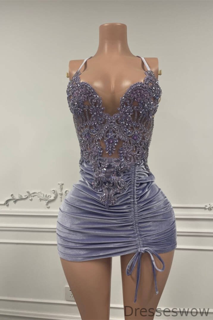 Dresseswow Halter V-Neck Sleeveless Short Prom Dresses With Beadings Homecoming Dress