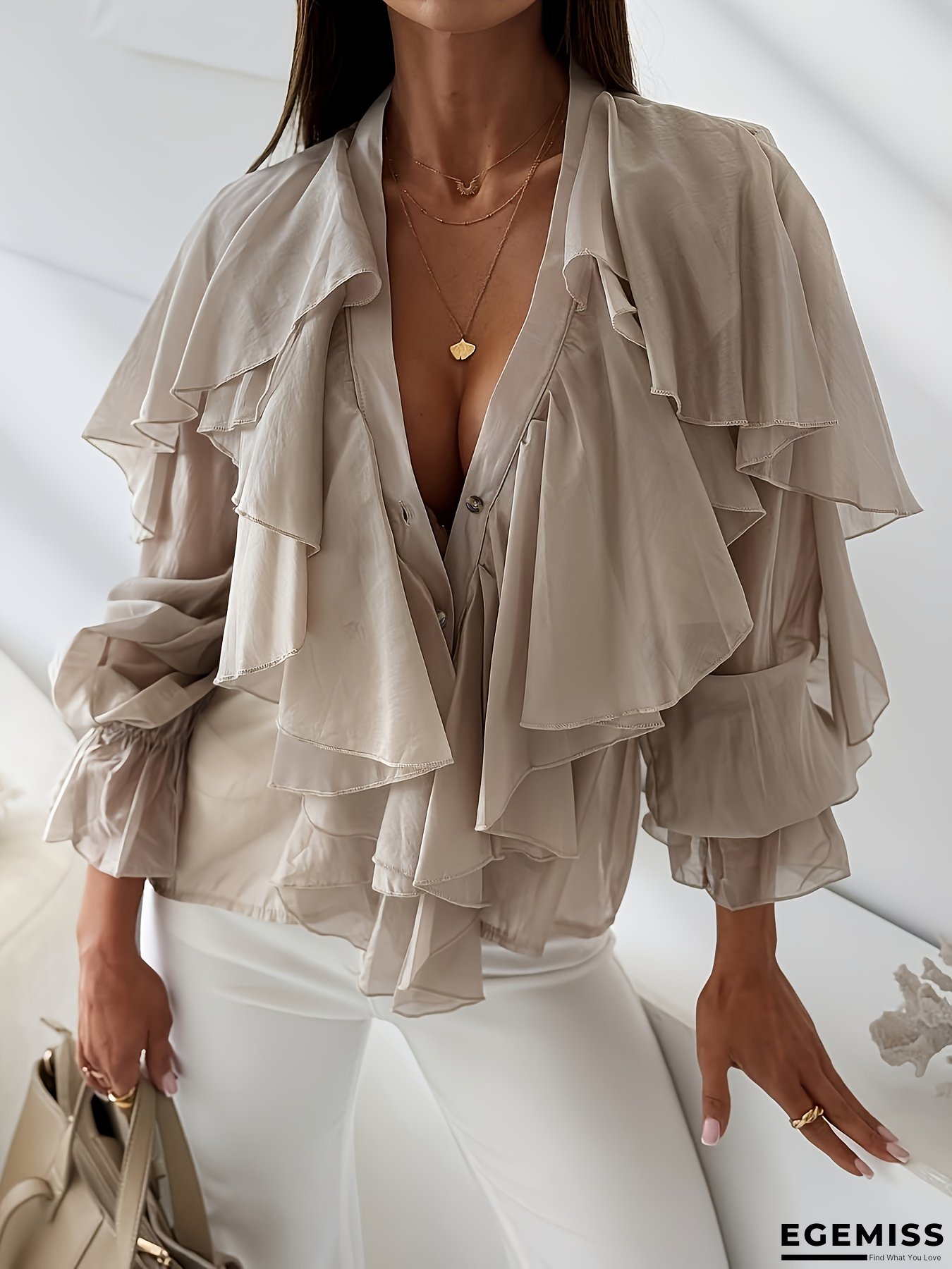 Women's Casual V-Neck Long Sleeve Shirt with Puffed Sleeves & Button Front - Semi-Sheer Blouse, Machine Washable, Elegant Special Collection, All-Season Versatile Top | EGEMISS