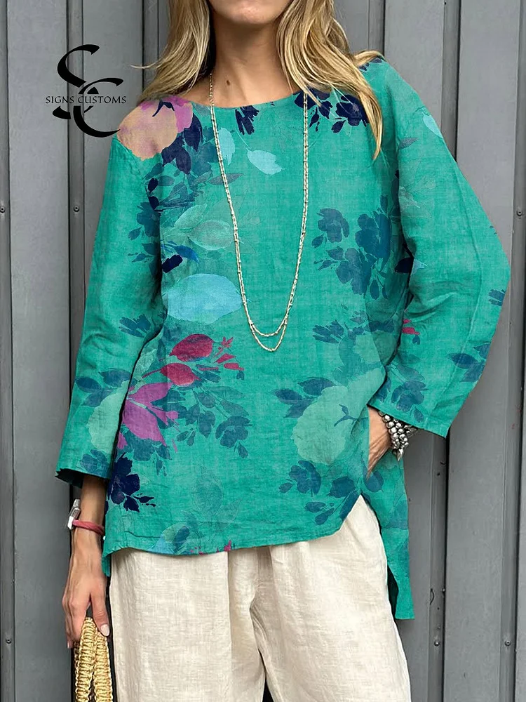 Women's Vintage Botanical Art Print Casual Cotton And Linen Shirt