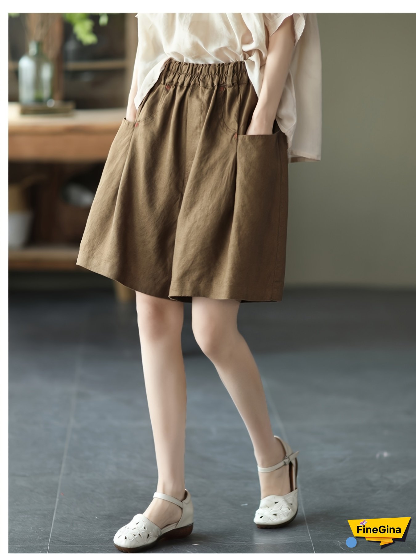 Women&Apos;S Casual Shorts - Elastic Waist, Loose Fit, Wide Leg, Solid Color, Pockets, Regular Length, All-Season Comfort, Casual Summer Wear|Wide Leg Shorts|Pocketed Shorts