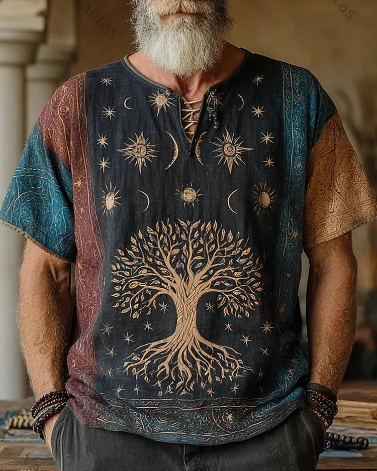Men's Summer Fashion Star and Moon Embroidery Color blocking Linen T-Shirt 7818