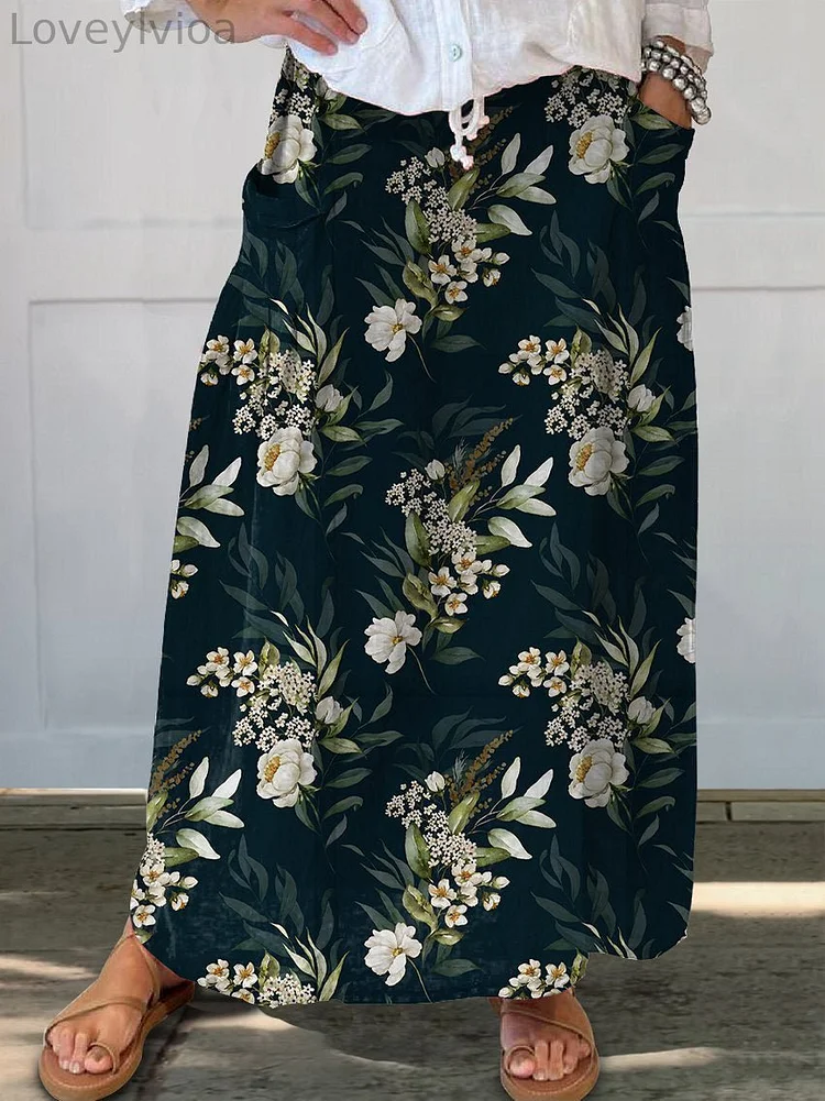 Women's Dark Green Floral Linen Pocket Skirt