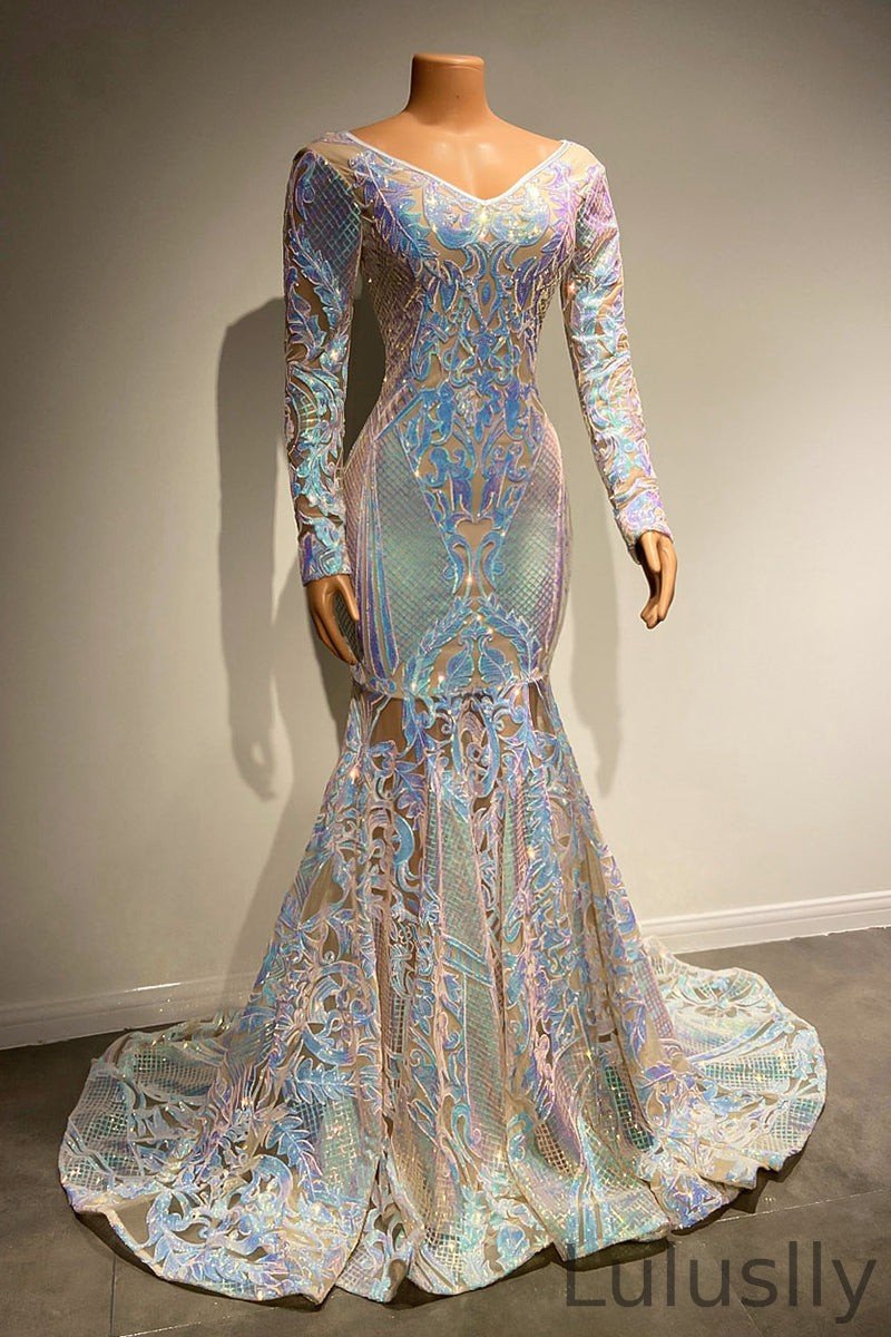 Luluslly V-Neck Long Sleeves Prom Dress Mermaid With Shiny Sequins