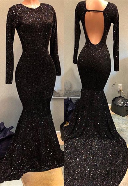 Classic Black Long Sleeve Sequined Evening Dress Mermaid Open Back - lulusllly
