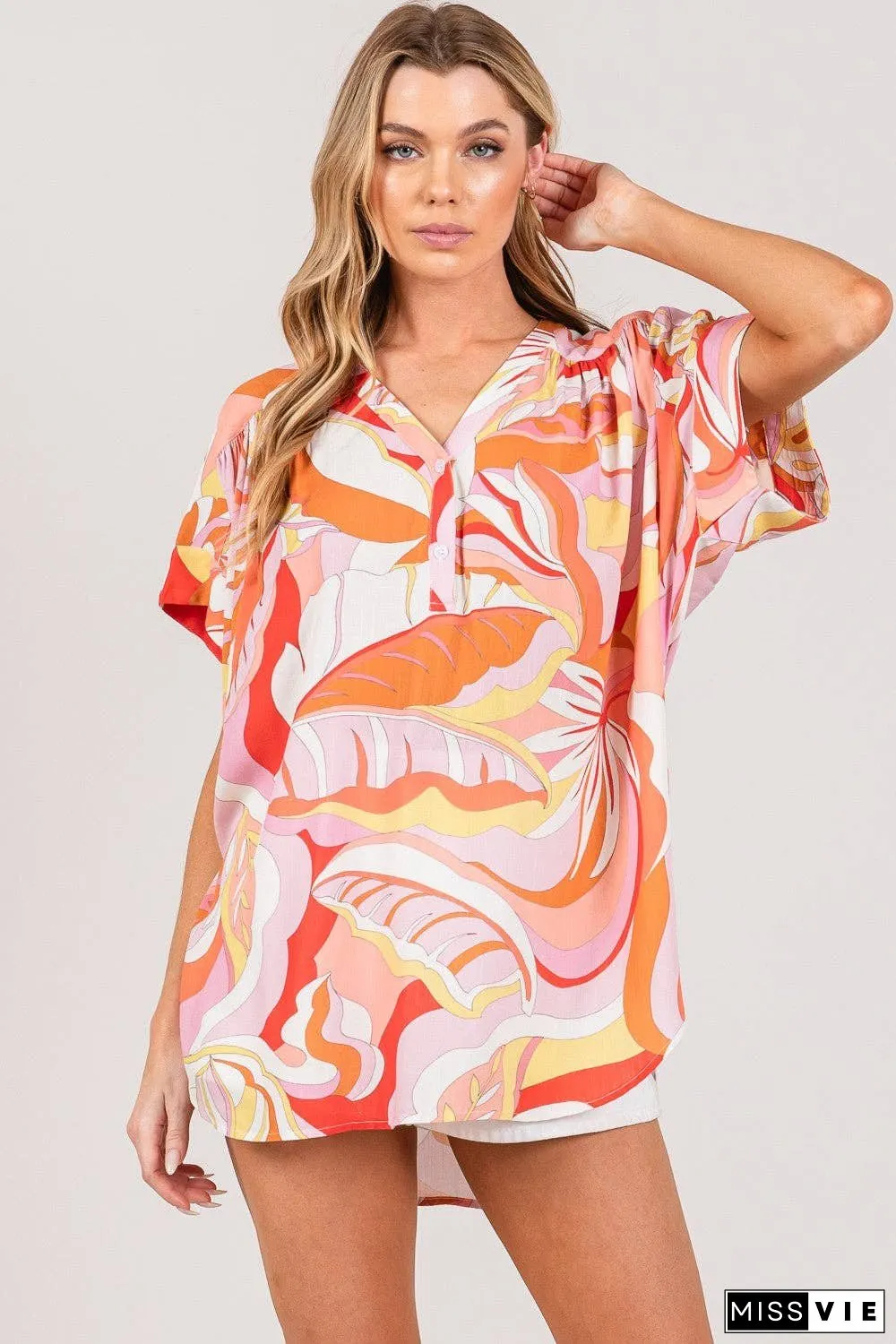SAGE + FIG Abstract Print Half Button Blouse